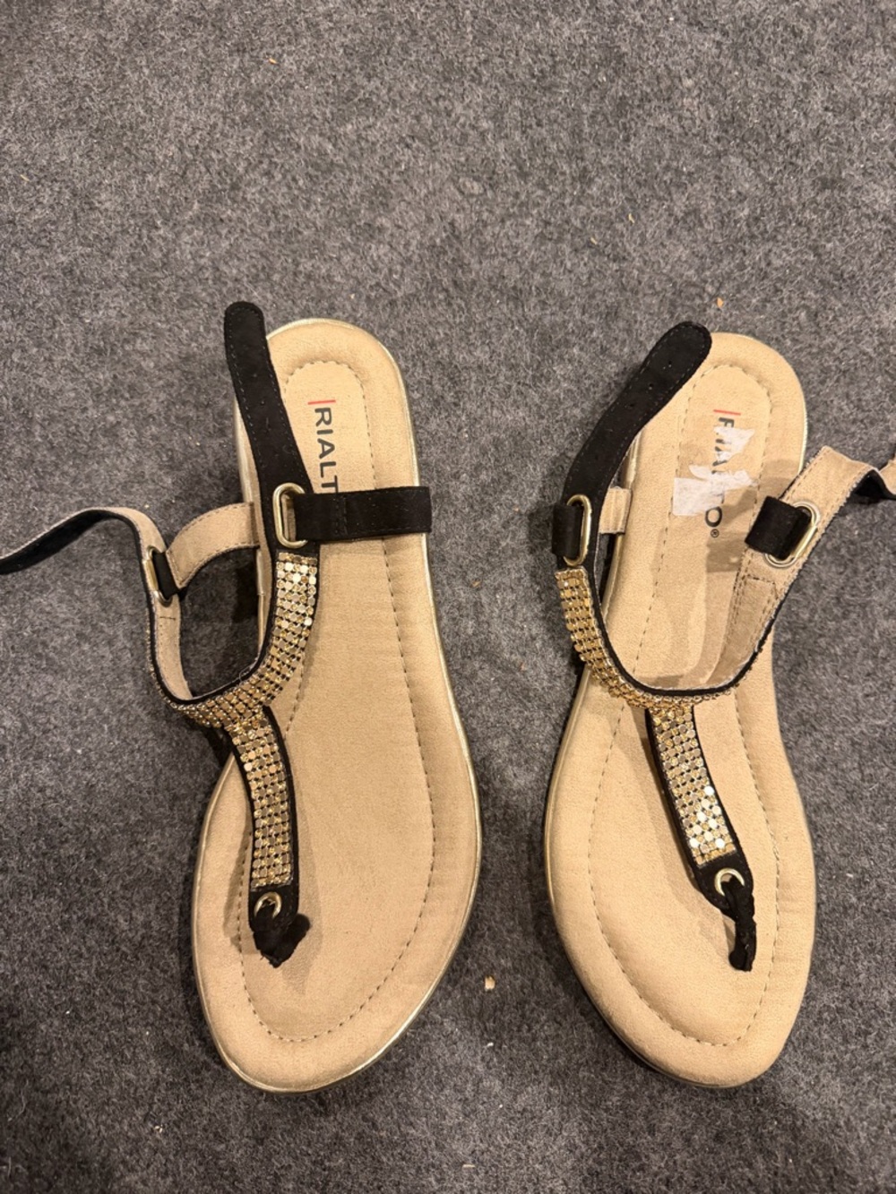 Rialto Black and Beige Jeweled T-Strap Sandals